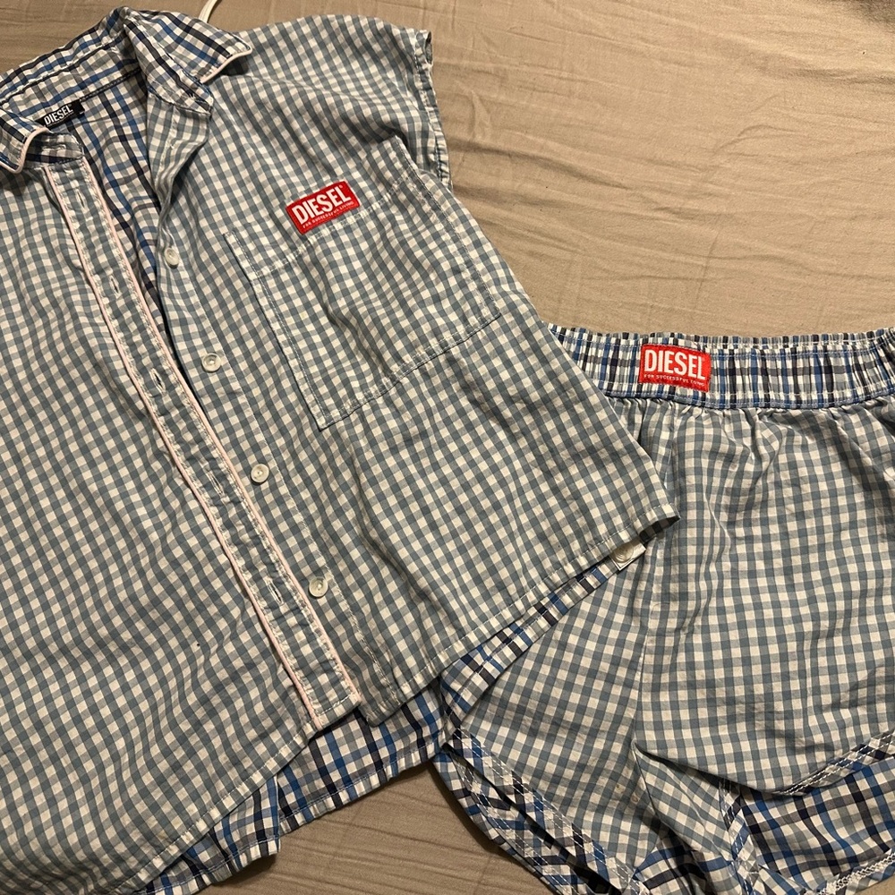 Diesel Blue and White Checkered Sleepwear Set